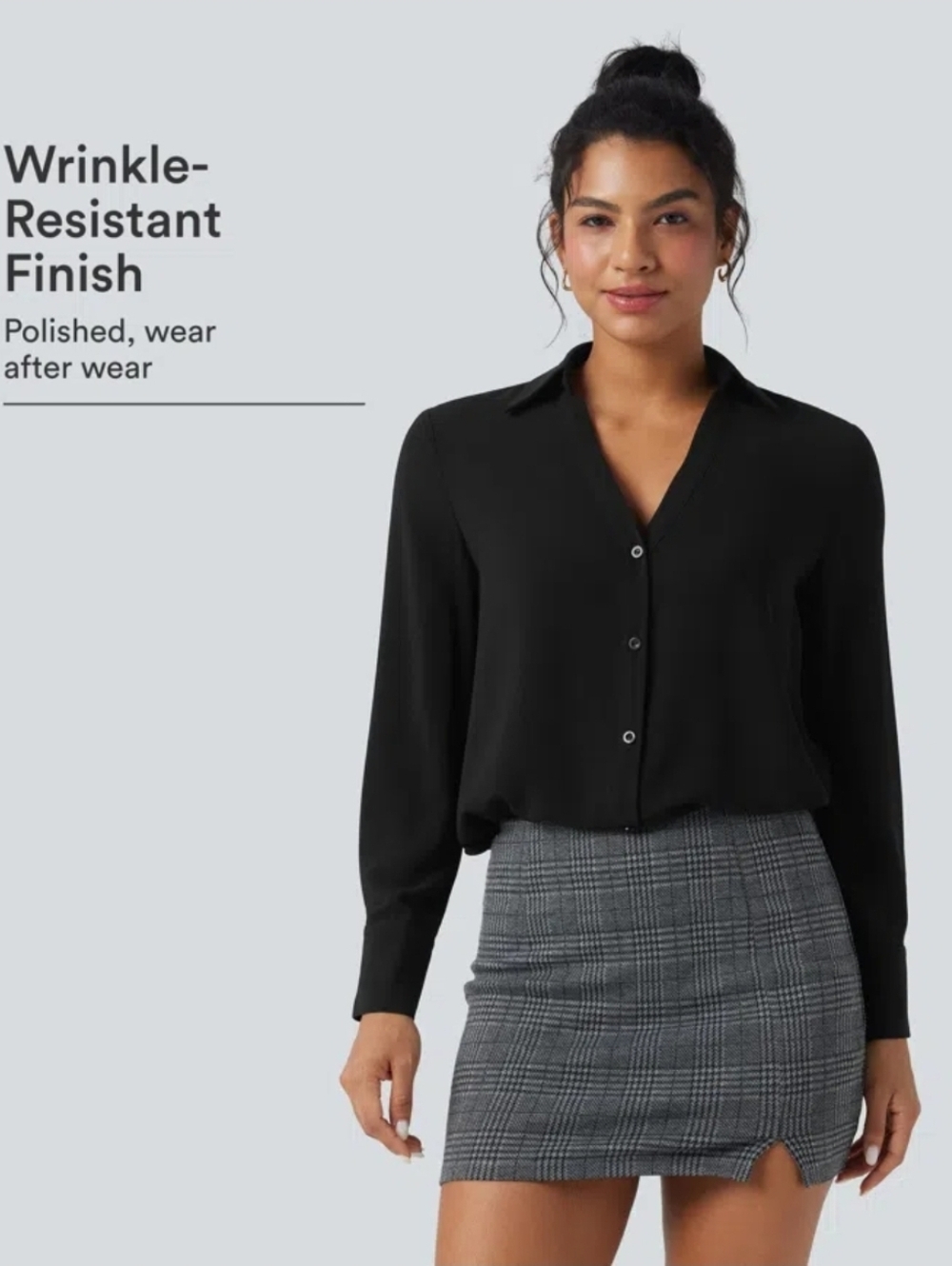 Wrinkle-resistant V-neck Long Sleeve Work Chiffon Shirt (M)